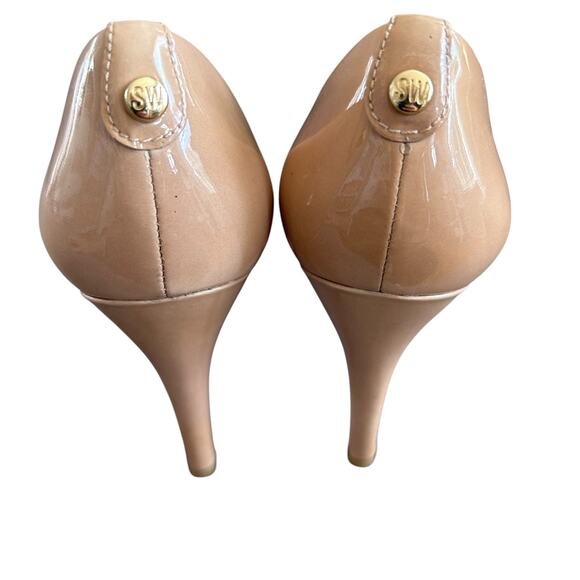 Stuart Weitzman Axis Adobe Aniline Patent Leather Peep Toe Heels Womens Size 7.5 - Picture 7 of 11